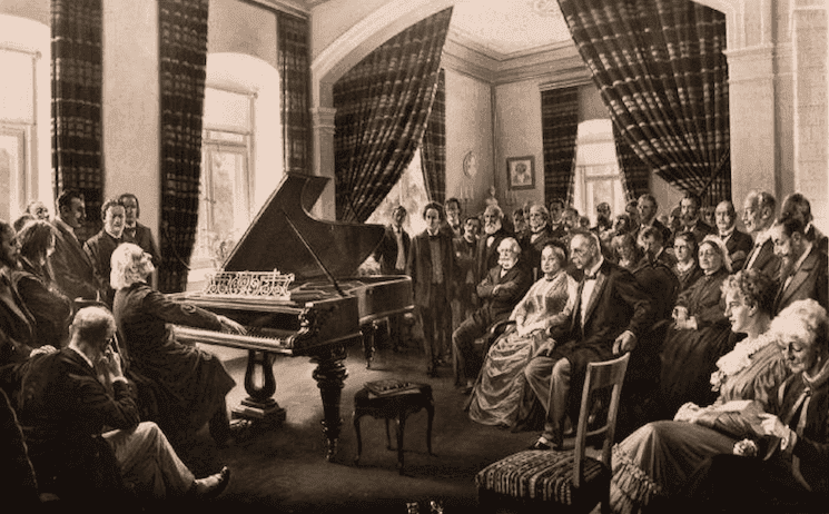 Franz Liszt jouant du piano devant un public au XIXe siècle