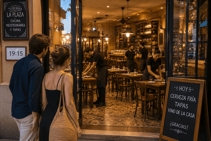 Un couple de touristes arrive dans un restaurant espagnol à 19 h 15, alors que les serveurs terminent encore de dresser les tables.