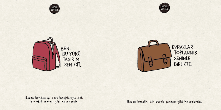 Illustration Hisli Şeyler : cartable scolaire et porte-documents symbolisant le poids des études et des responsabilités en Turquie