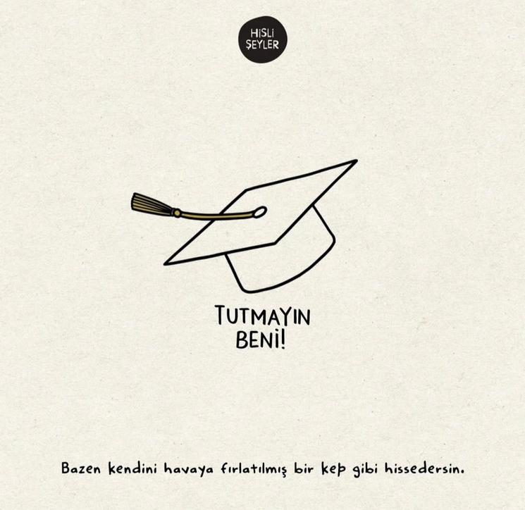 Illustration Hisli Şeyler : chapeau de diplômé lancé en l’air symbolisant la liberté et l’incertitude après les études en Turquie