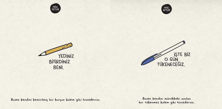 Illustration Hisli Şeyler : crayon usé et stylo qui s’épuise symbolisant la fatigue et la pression du système éducatif en Turquie