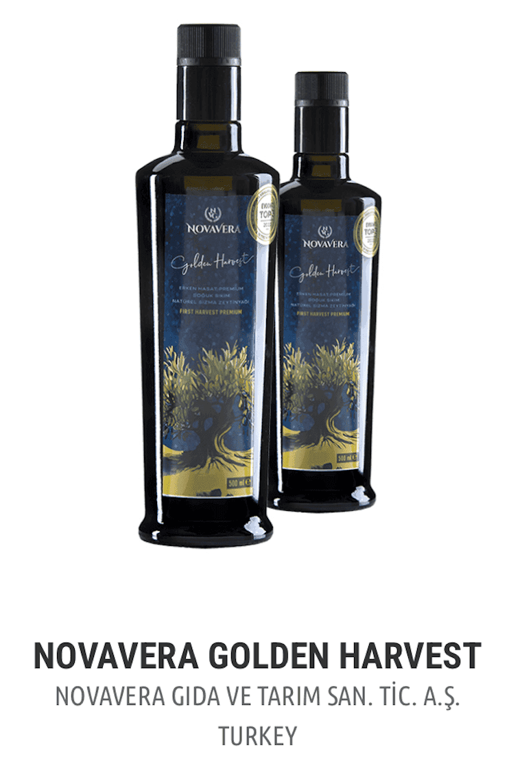 Bouteilles d’huile d’olive Nova Vera Golden Harvest, reconnues pour leur qualité exceptionnelle au classement EVOOLEUM 2025.