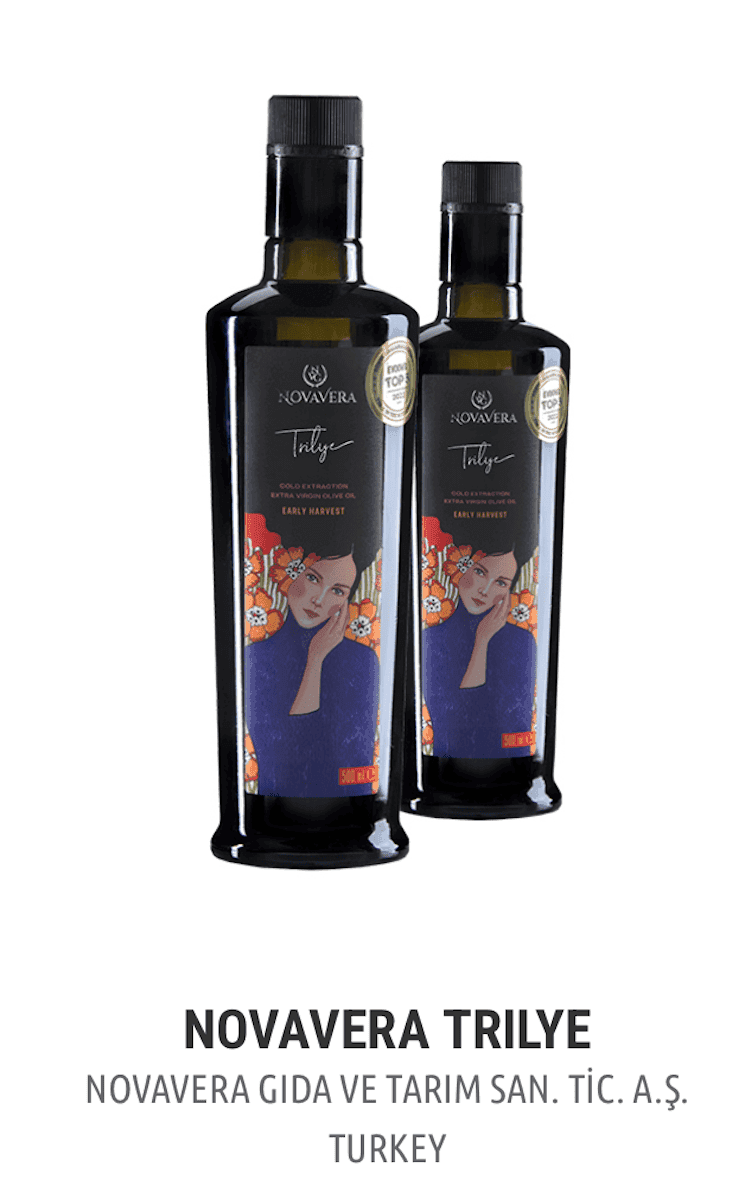 Bouteilles d’huile d’olive Nova Vera Trilye, issues de la variété Trilye, classées dans le TOP100 EVOOLEUM 2025.