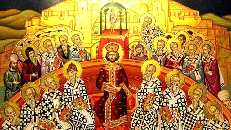 Icône byzantine représentant le Concile de Nicée, avec l’empereur Constantin entouré des évêques.