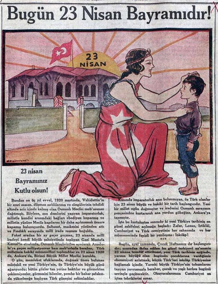 Affiche ancienne représentant la République bénissant un enfant pour le 23 avril en Turquie