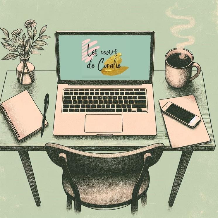 Illustration d’un bureau avec ordinateur affichant le logo Les Cours de Coralie, tasse de café, carnet et smartphone, ambiance studieuse.