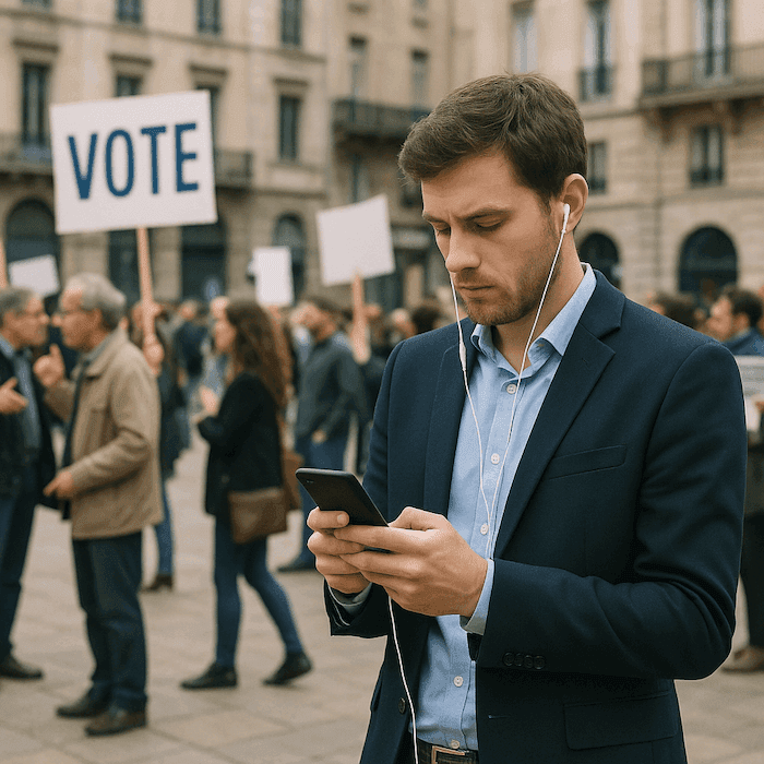 Un jeune homme en costume, absorbé par son smartphone avec des écouteurs, se tient au premier plan d’une place urbaine animée où se déroule une manifestation. En arrière-plan, des manifestants brandissent des pancartes dont une avec le mot "VOTE", soulignant le contraste entre l’engagement collectif et l’indifférence individuelle.