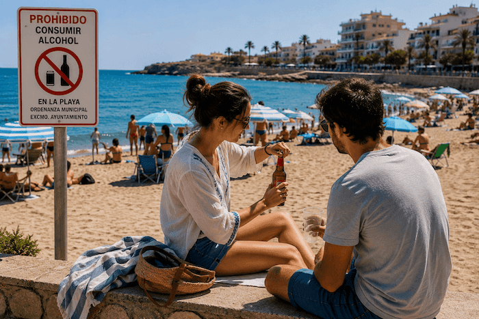 Un couple de touristes s'apprête à boire une bière sur une plage espagnole à côté d'un panneau interdisant la consommation d'alcool sur l'espace public.