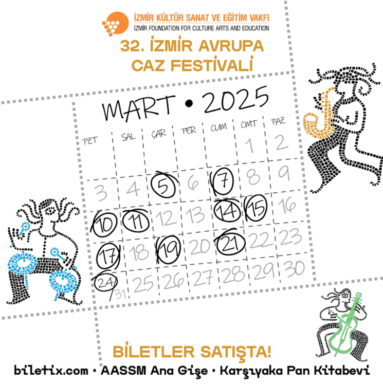 Affiche officielle du Festival Européen de Jazz d'Izmir 2025, mettant en avant les dates des concerts et les points de vente des billets.