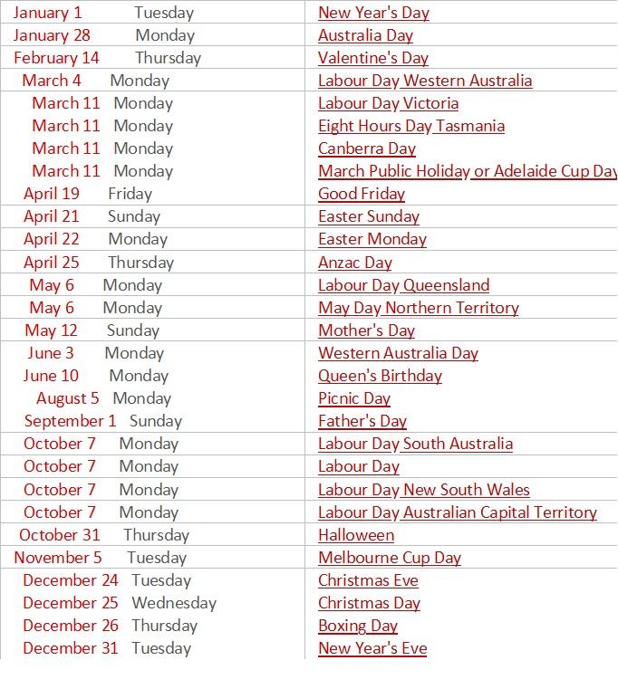 public holidays Australia 2019
