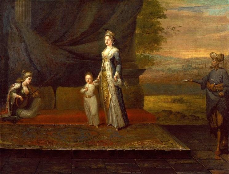 Lady Montaigu et son enfant en habits turcs dans une scène de harem, peinture de Van Mour