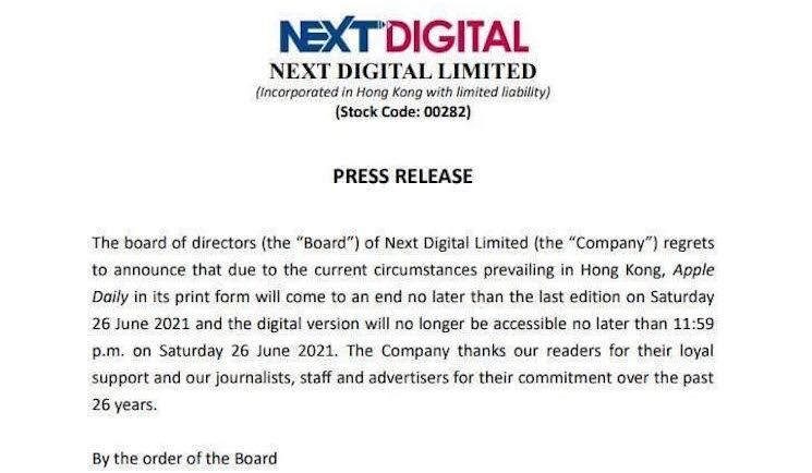 le journal apple daily à hong kong cesse d'imprimer
