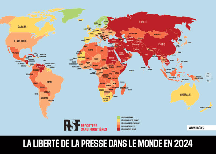 Carte de la liberté de la presse dans le monde en 2024, montrant les classements des pays selon Reporters sans Frontières, avec la Turquie classée parmi les pays à la situation très grave.