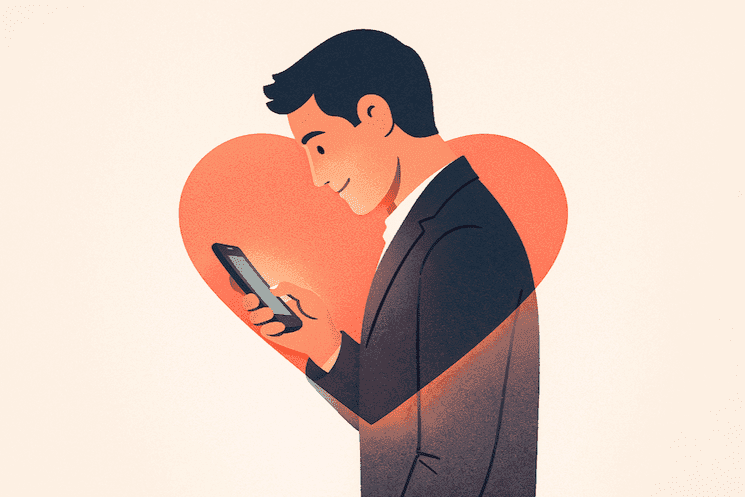 Homme regardant son smartphone devant un cœur stylisé, illustrant la notion d’infidélité numérique dans un contexte de couple