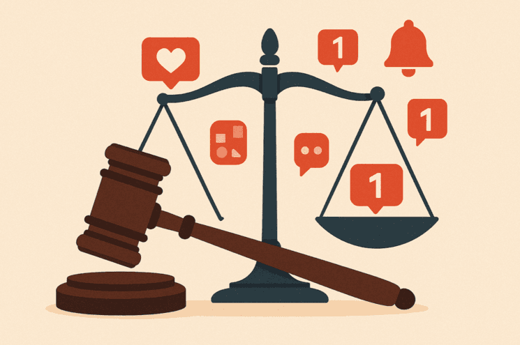 Balance de la justice et maillet de juge entourés d’icônes de notifications, illustrant l’utilisation des réseaux sociaux comme éléments de preuve dans un divorce