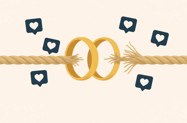 Deux alliances prises dans une corde qui se rompt, entourées d’icônes de « like », illustrant la fragilisation du lien conjugal à l’ère des réseaux sociaux