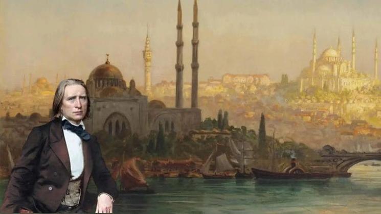 Franz Liszt devant une vue d’Istanbul avec ses mosquées emblématiques