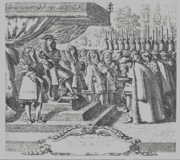 Gravure de l’audience de Soliman Aga auprès de Louis XIV à Versailles