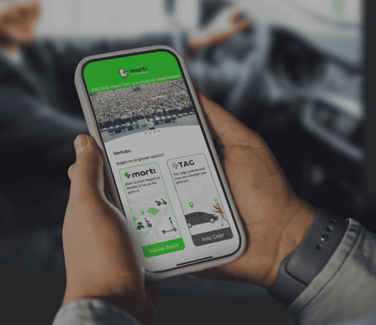 Interface de l'application Martı, spécialisée dans les trottinettes électriques pour des déplacements écologiques en Turquie.
