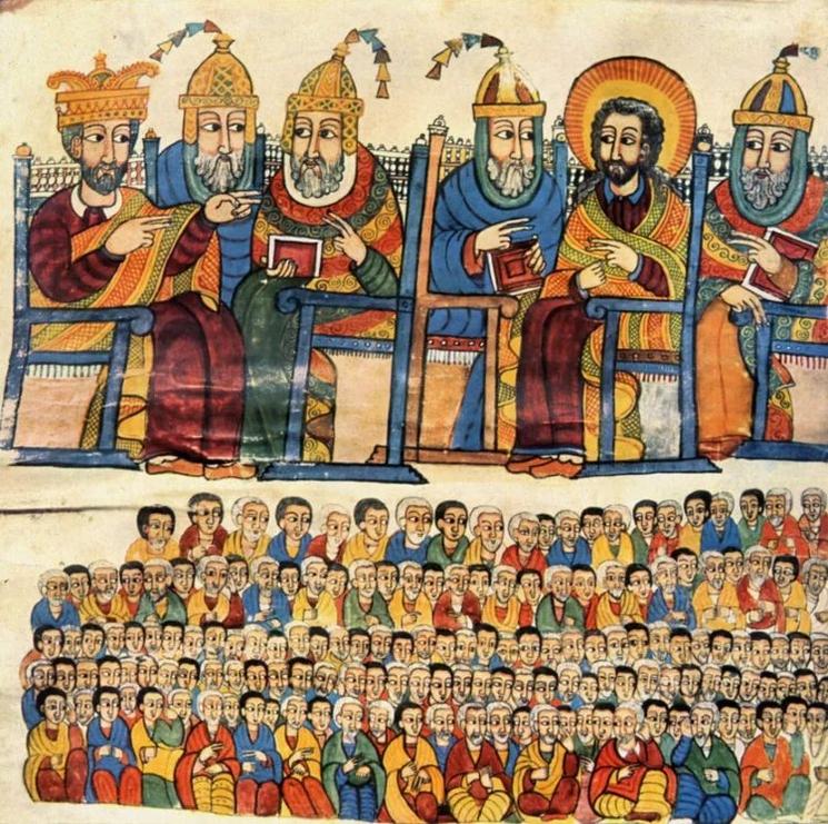 Miniature éthiopienne représentant le Concile de Nicée et les évêques réunis autour de Constantin.