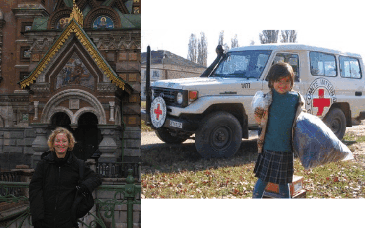 (gauche) Nancy Bonamy à Moscou (droite) Tchétchénie, 2002, Distribution d'habits, Photographe : Ibakov, Timur, Copyright: ICRC