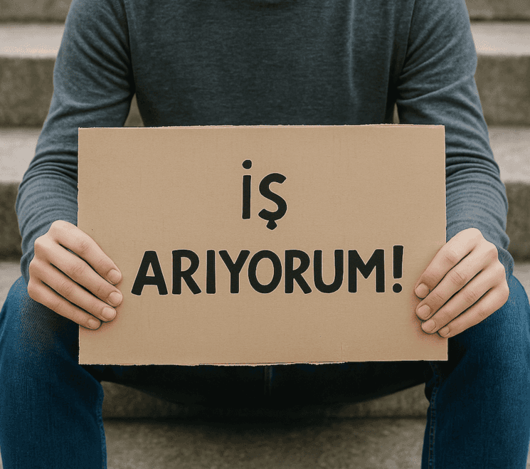 Un jeune homme tient une pancarte en turc "İş arıyorum !" ("Je cherche un emploi !") — symbole de la précarité des jeunes en Turquie.