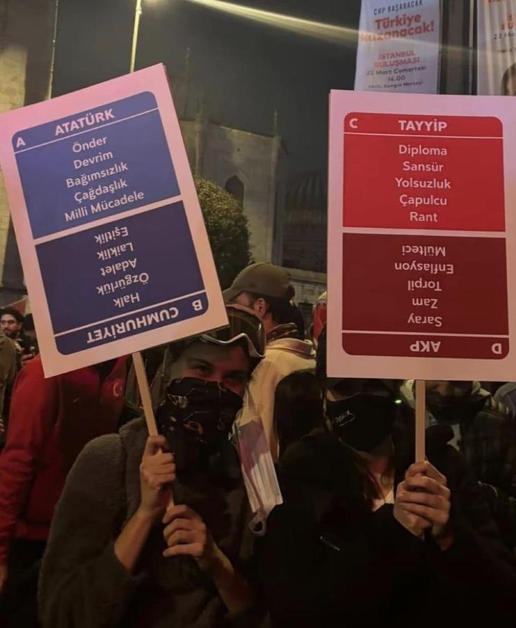 Deux pancartes comparant symboliquement les valeurs d’Atatürk et d’un autre dirigeant