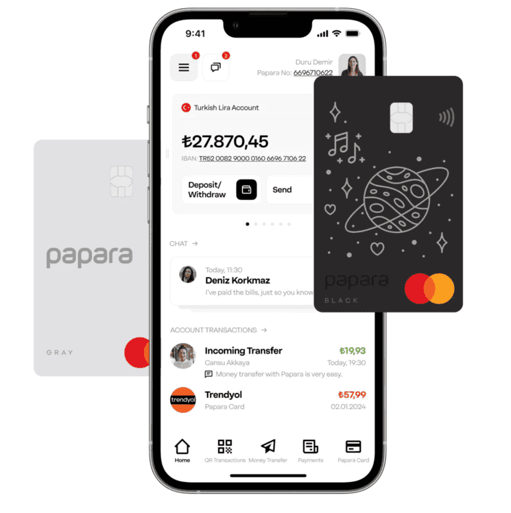 Interface de Papara, néobanque turque offrant des services de paiement et gestion financière.