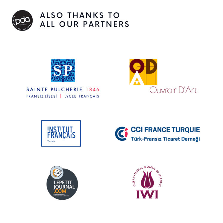 Logos des partenaires institutionnels du PDA 2025 à Istanbul (Sainte Pulchérie, Institut Français, Ouvroir d’Art, LPJ Istanbul…)