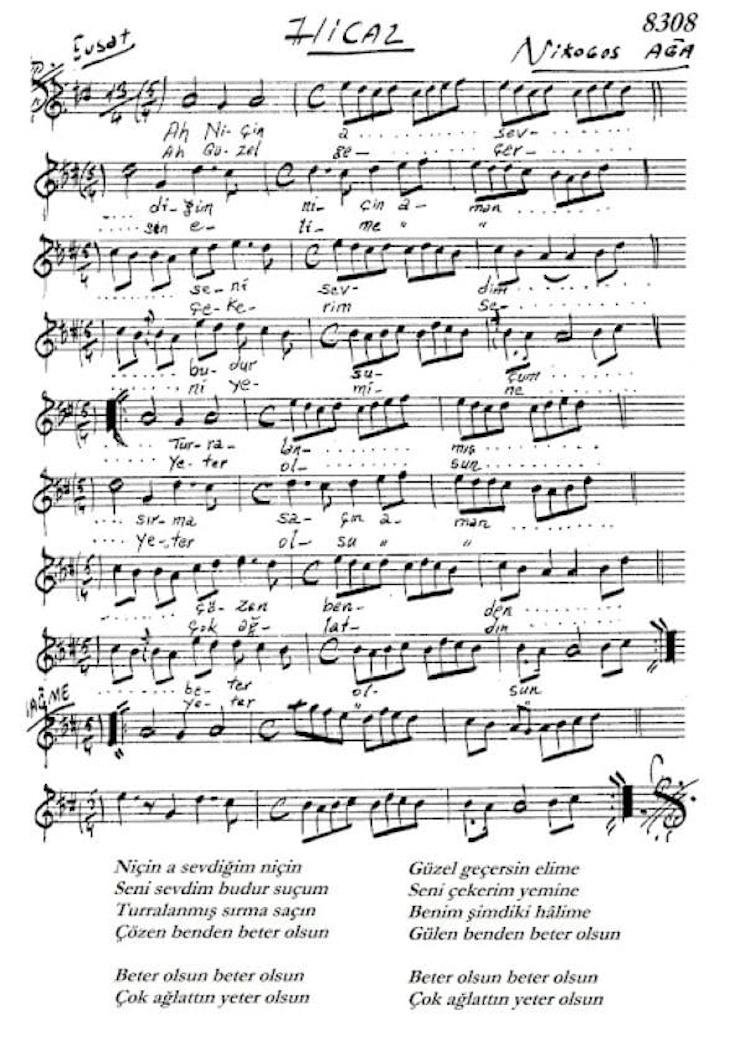 Partition de la chanson turque Ah, pourquoi t’ai-je aimé (Niçin a sevdiğim niçin), une mélodie ottomane emblématique.