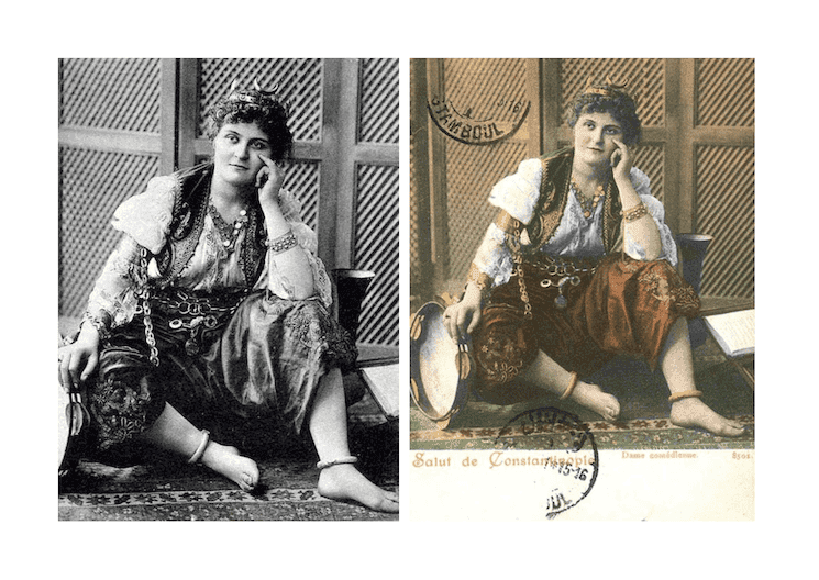 Comparaison entre une photographie et une carte postale colorisée représentant une femme en costume ottoman à Constantinople