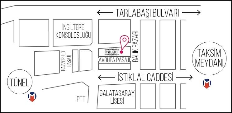 Plan d’accès à l’Avrupa Pasajı à Beyoğlu, indiquant l’emplacement d’Aynalıgeçit entre İstiklal Caddesi et Tarlabaşı Bulvarı.