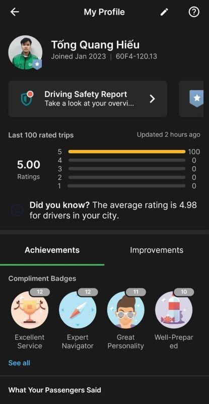 Profil sur l'application de réservation de taxi Grab