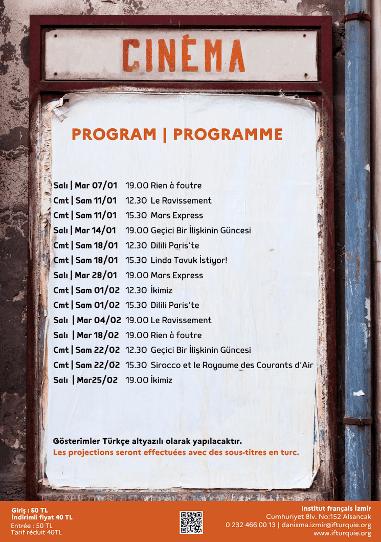 Affiche de la programmation cinéma de l’Institut Français d’Izmir pour janvier et février 2025, présentant des films français sous-titrés en turc avec des horaires et dates détaillés.