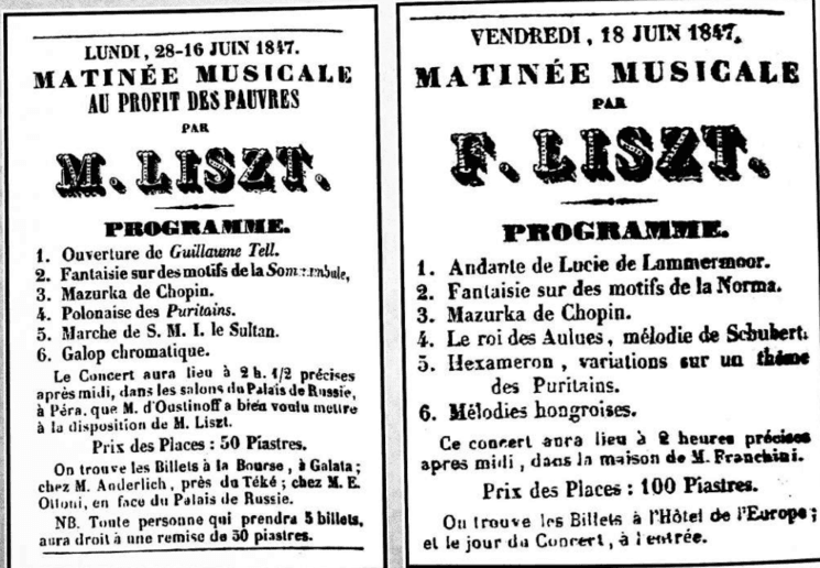 Programmes des concerts de Franz Liszt à Istanbul en 1847