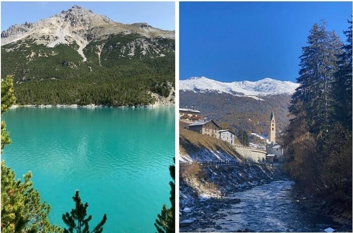 lac vert de montagne et vilalge de montagne enneigé