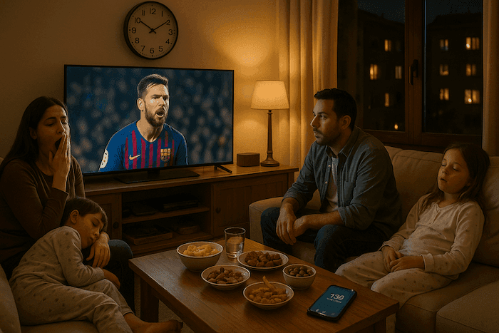Famille espagnole regardant un match de football tard dans la soirée dans un salon faiblement éclairé. La mère bâille, deux enfants sont à moitié endormis en pyjama, et le père reste concentré sur la télévision. Une horloge murale indique 23h20, et un téléphone posé sur la table montre une alarme réglée à 7h30. Des snacks et boissons sont disposés sur la table basse.