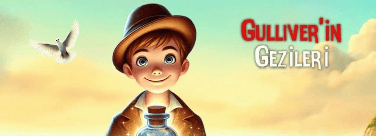 Affiche du spectacle "Gulliver’in Gezileri" à Izmir, une adaptation scénique des voyages de Gulliver.