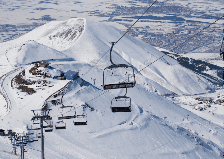 Station de ski de Palandöken à Erzurum en Turquie sous la neige en hiver, télésièges et reliefs enneigés