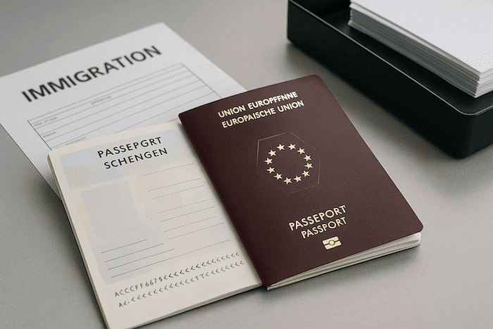 Un passeport Schengen ouvert, posé sur un bureau administratif