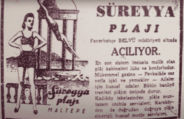 Publicité d’époque pour la plage Süreyya à Maltepe, avec le pavillon en arrière-plan.