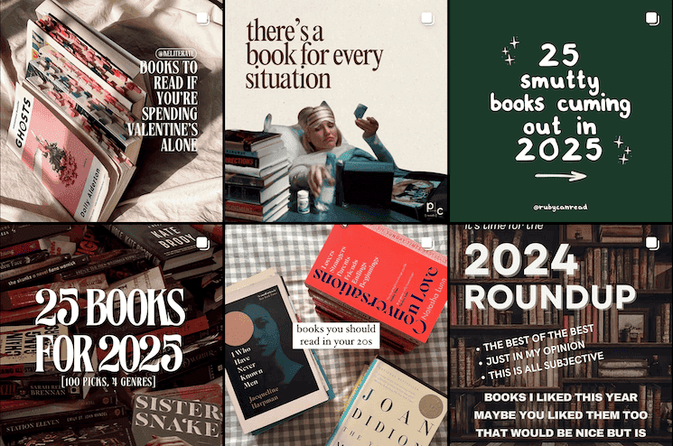Capture d'écran de publications Instagram sous le hashtag #bookstagram, mettant en avant des recommandations de livres et des tendances littéraires pour 2025.