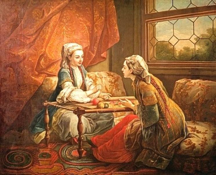 Peinture de Van Loo représentant deux sultanes brodant dans un intérieur ottoman