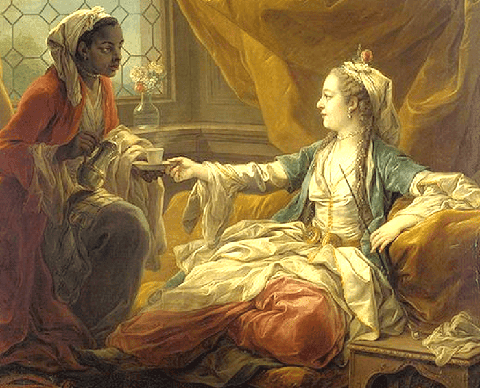 Peinture de Van Loo montrant une sultane servant le café, entourée de sa domestique