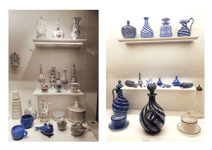 Verreries du musée de Beykoz à Istanbul, opalines décorées et verres « cesmi bulbul » exposés