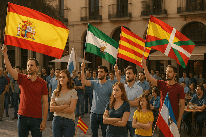 Place espagnole animée où des personnes brandissent des drapeaux régionaux et le drapeau national, illustrant la diversité identitaire et la relation ambigüe aux symboles patriotiques.