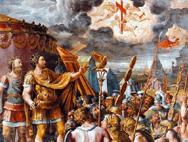 Peinture représentant la vision de Constantin avant la bataille du pont Milvius, avec le signe du chrisme dans le ciel.