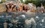 Une famille de touristes dans une piscine en Thailande dans le cadre de la Phuket Sandbox