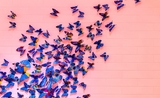 Une multitude de papillons bleus sur fond rose poudré