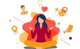 une jeune femme en position de méditation, entourée d'icônes relatifs à la santé